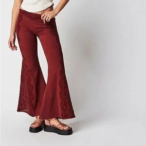 Free People Red Neptune's Net Crochet Fall Flare Bell Bottoms Pants Size 10